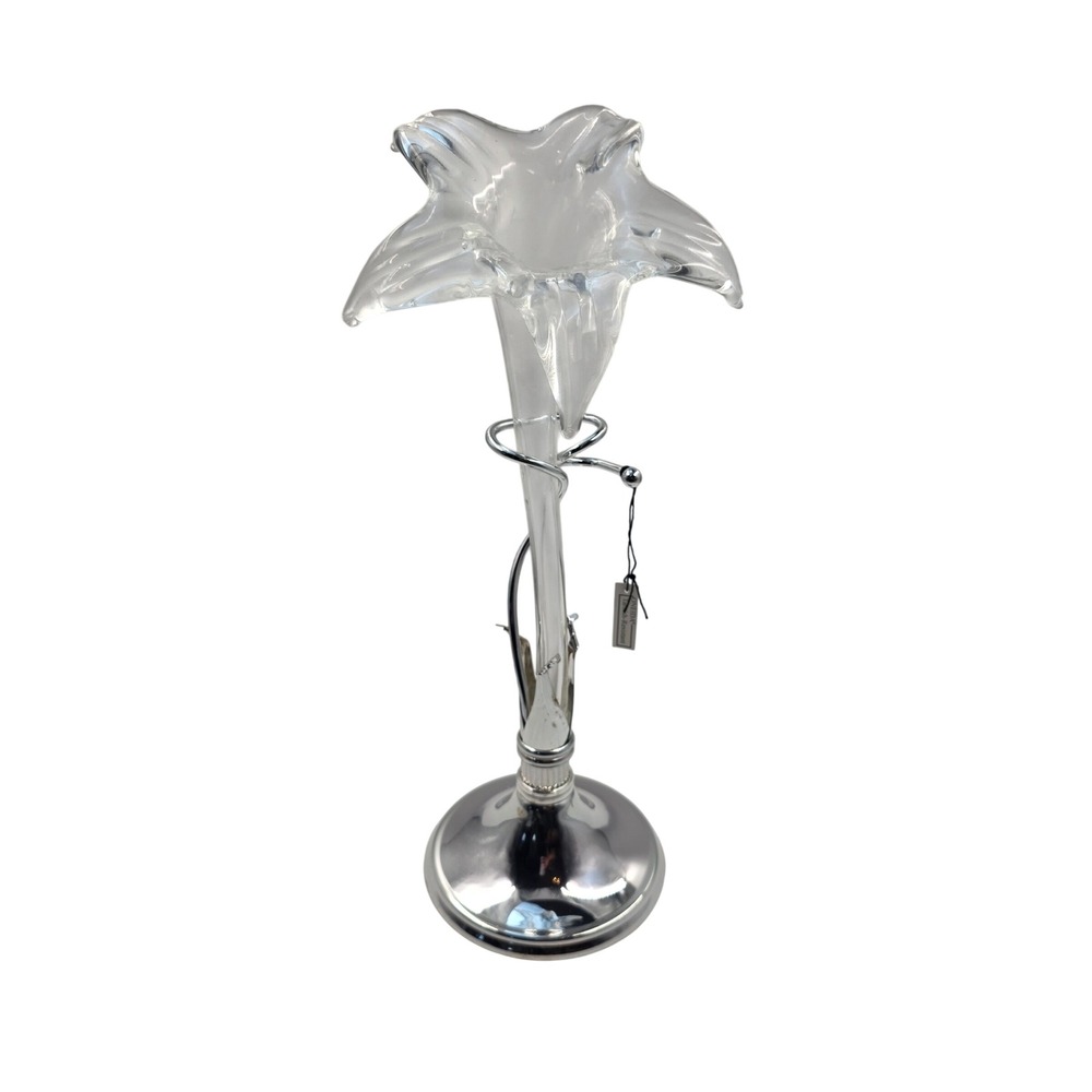 Oneida Silver Tone Metal and Clear Glass Lily Bud Vase Tarnish Resistant 14.5in